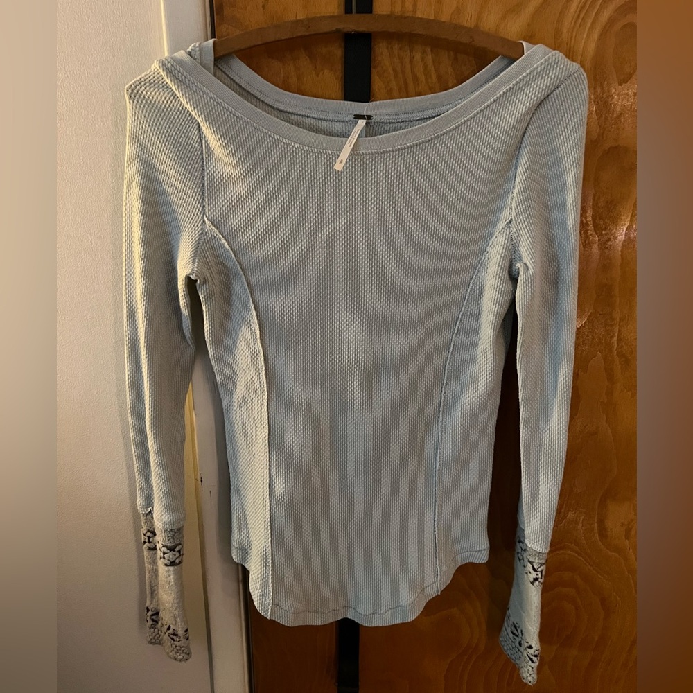 Free People Pale Blue Waffle-Knit Long Sleeve Top with Lace Cuffs